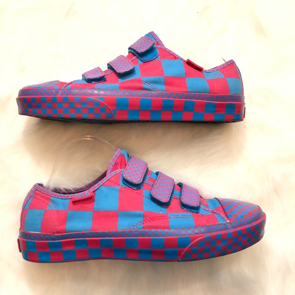 blue and pink checkered vans